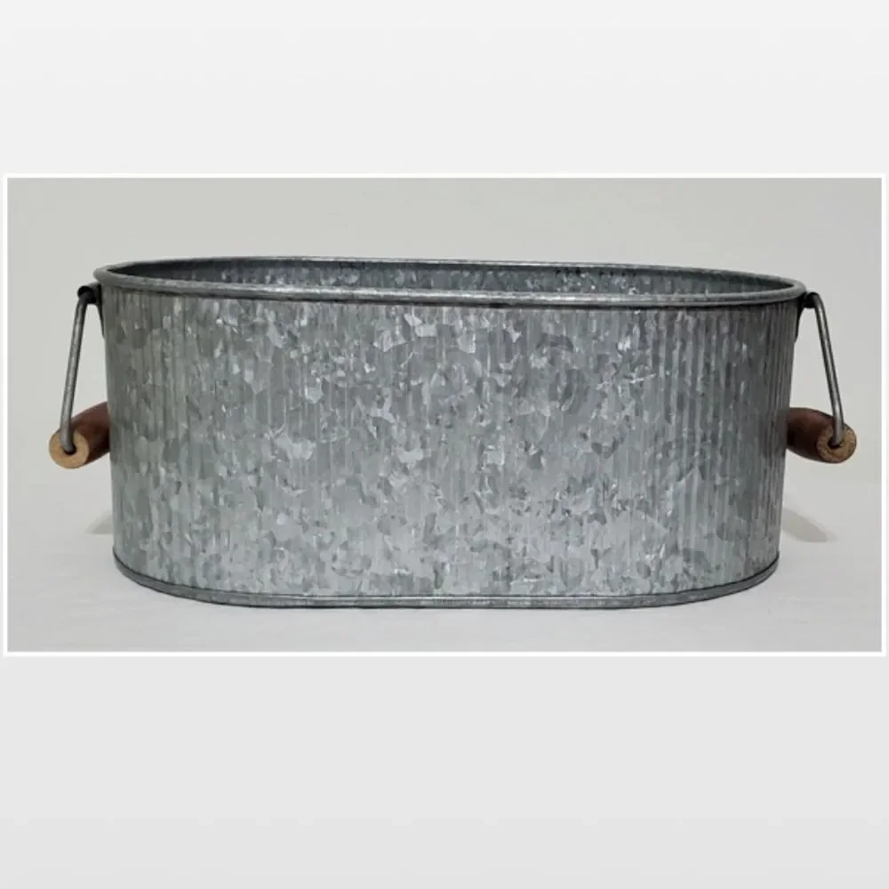 New Bucket Oval Silver Metal Tin Country Pale Farmhouse Storage Caddy Handles NW